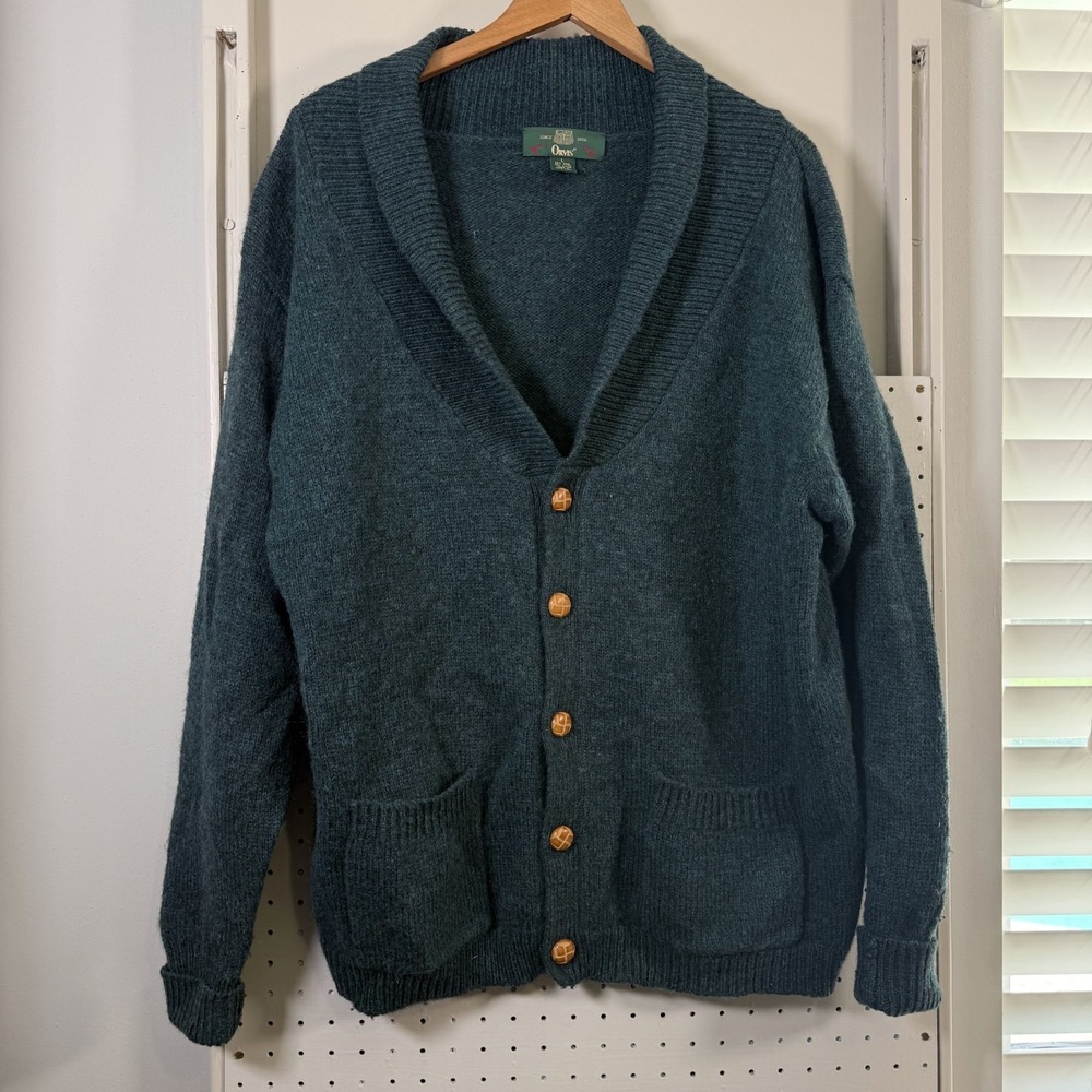 Orvis Cardigan Men's Green Wool Blend Pockets Shawl Collar Sweater - Large - Picture 2 of 10